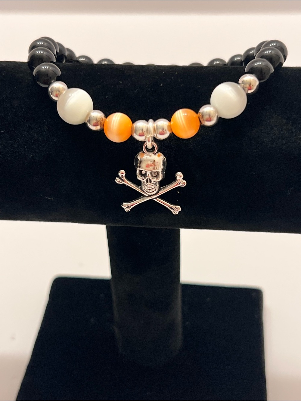 Skull & Crossbones Beaded Stretch Bracelet - Black, White & Orange